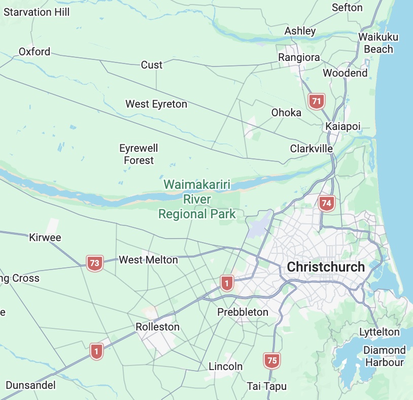 Map of the wider Streb service area including the Selwyn and Waimakariri districts — Rolleston, Lincoln, West Melton, Rangiora, Kaiapoi, Woodend, Oxford and Cust.