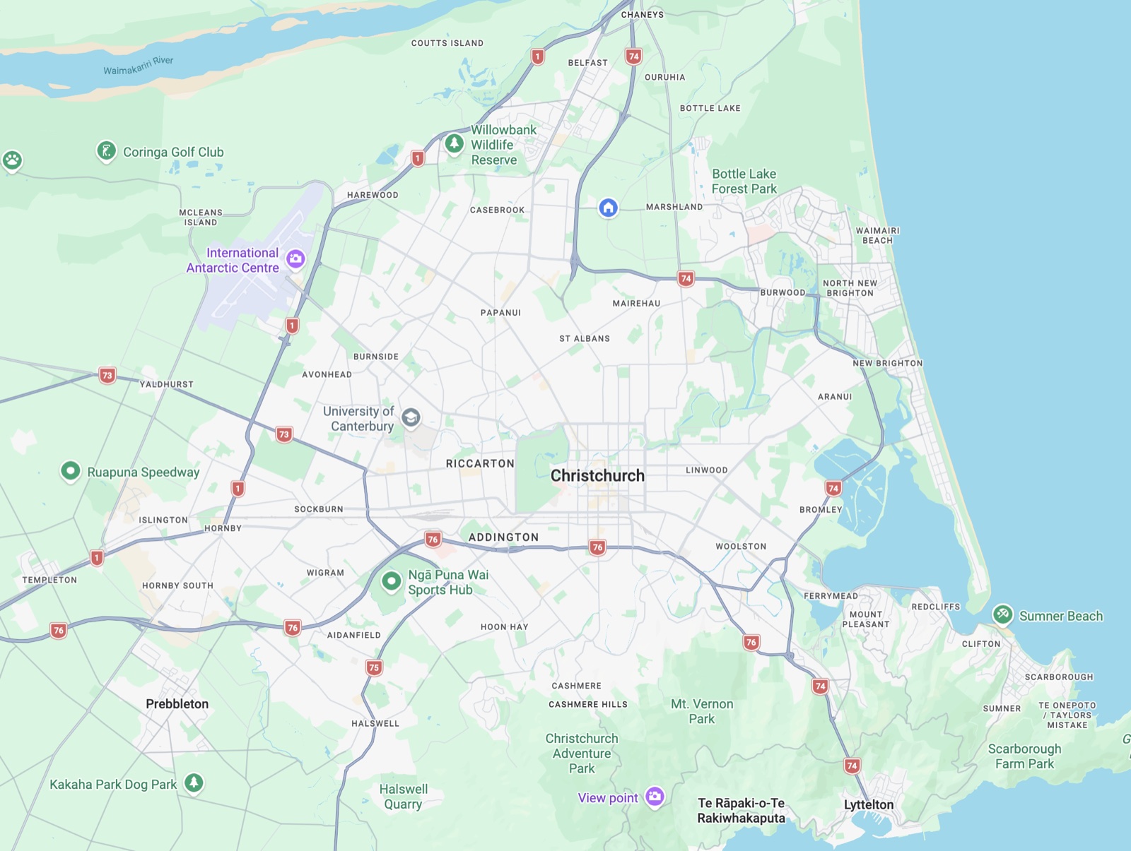 Map of Streb General Maintenance's service area across Christchurch city — from Belfast and Harewood to New Brighton, Riccarton, Hornby, Halswell, Sumner and Lyttelton.